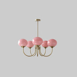 Modern Marshmallow Chandelier with Pink Glass Shades and Gold Finish Lighting