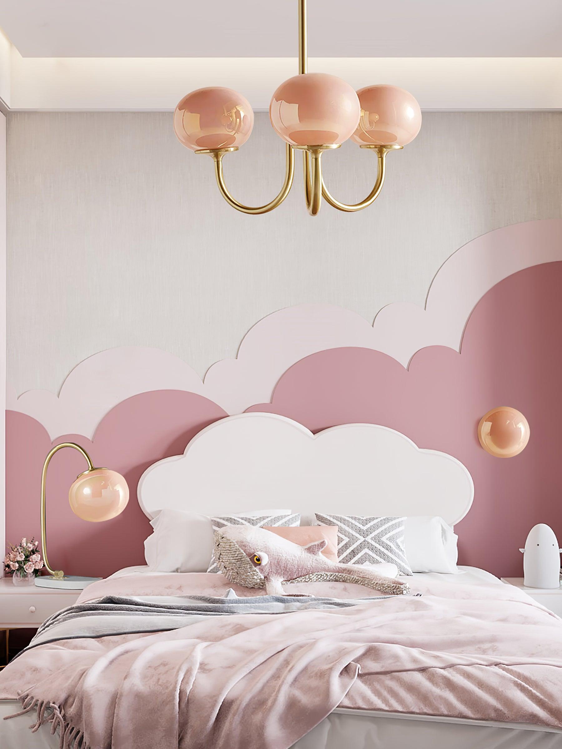 Modern Marshmallow Chandelier with Pink Glass Shades and Gold Finish Lighting