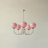 Modern Marshmallow Chandelier with Pink Glass Shades and Gold Finish Lighting