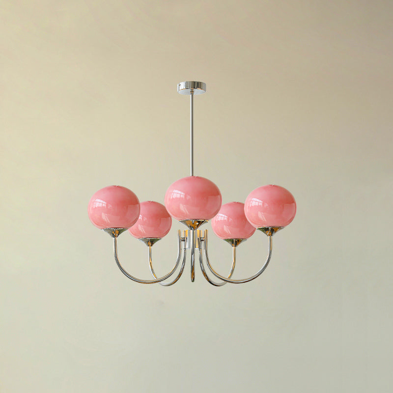 Modern Marshmallow Chandelier with Pink Glass Shades and Gold Finish Lighting
