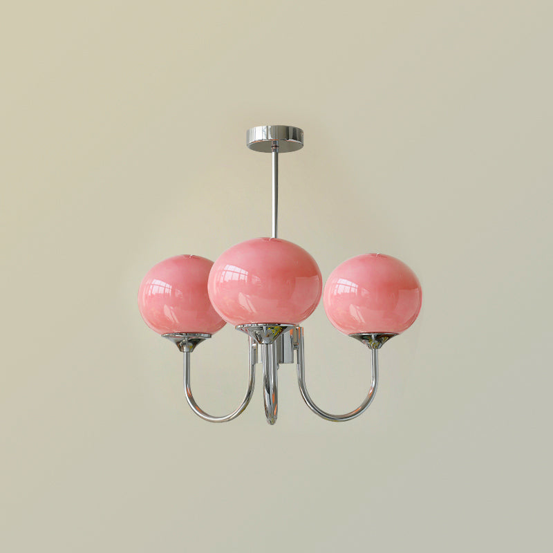 Modern Marshmallow Chandelier with Pink Glass Shades and Gold Finish Lighting