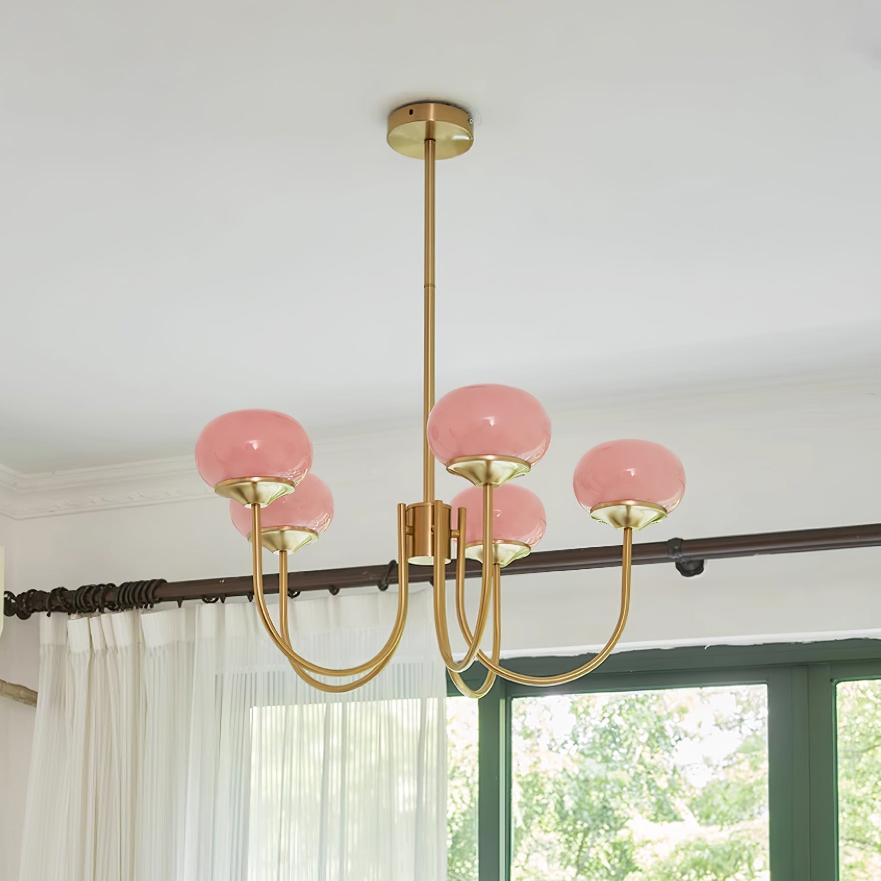 Modern Marshmallow Chandelier with Pink Glass Shades and Gold Finish Lighting