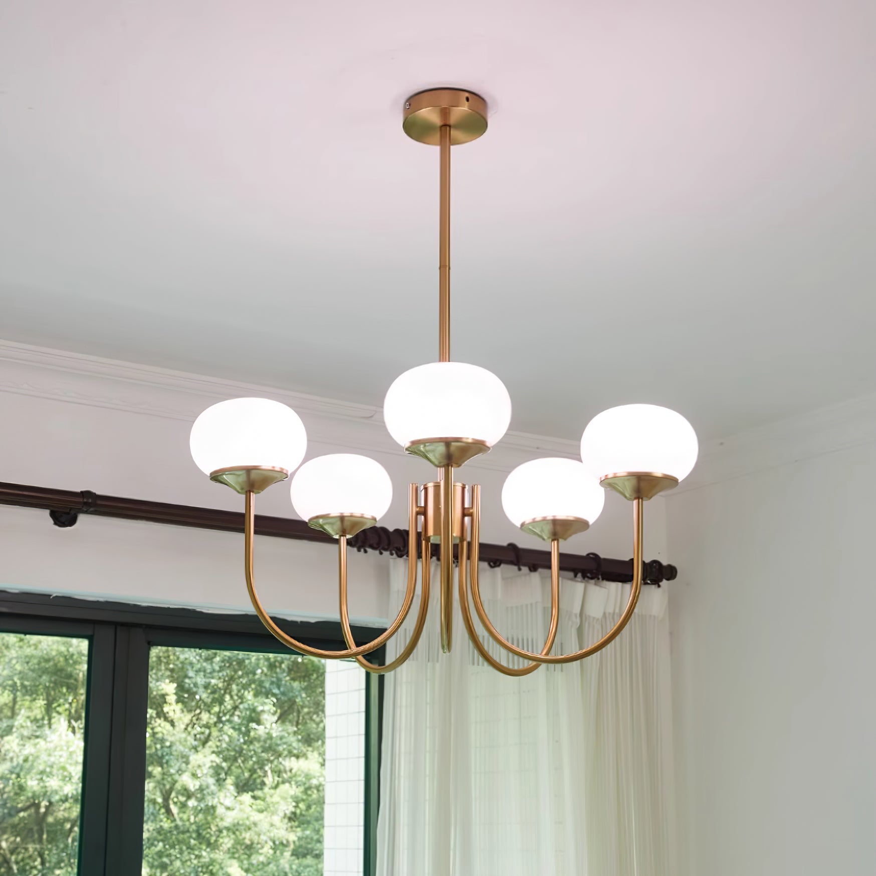 Modern Marshmallow Chandelier with Pink Glass Shades and Gold Finish Lighting