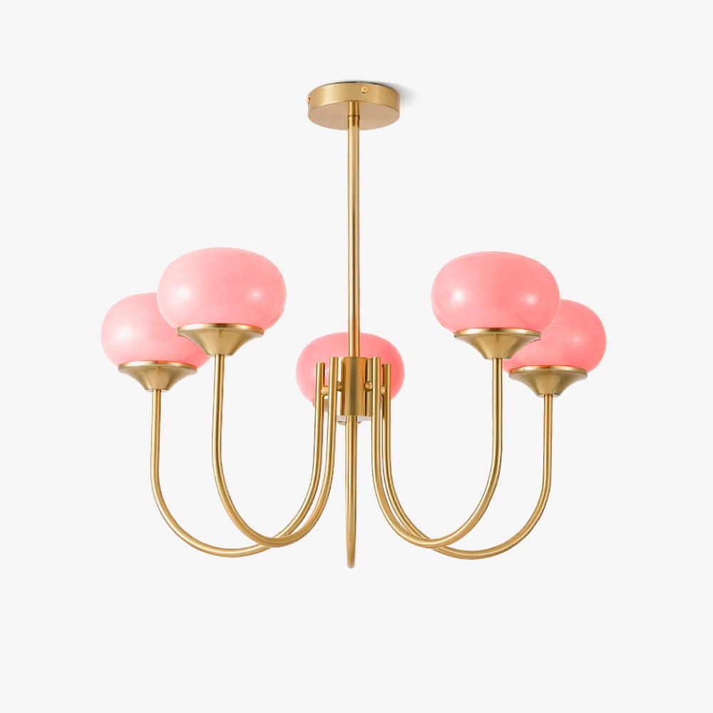Modern Marshmallow Chandelier with Pink Glass Shades and Gold Finish Lighting