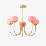 Modern Marshmallow Chandelier with Pink Glass Shades and Gold Finish Lighting