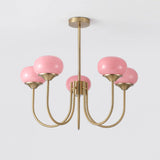 Modern Marshmallow Chandelier with Pink Glass Shades and Gold Finish Lighting