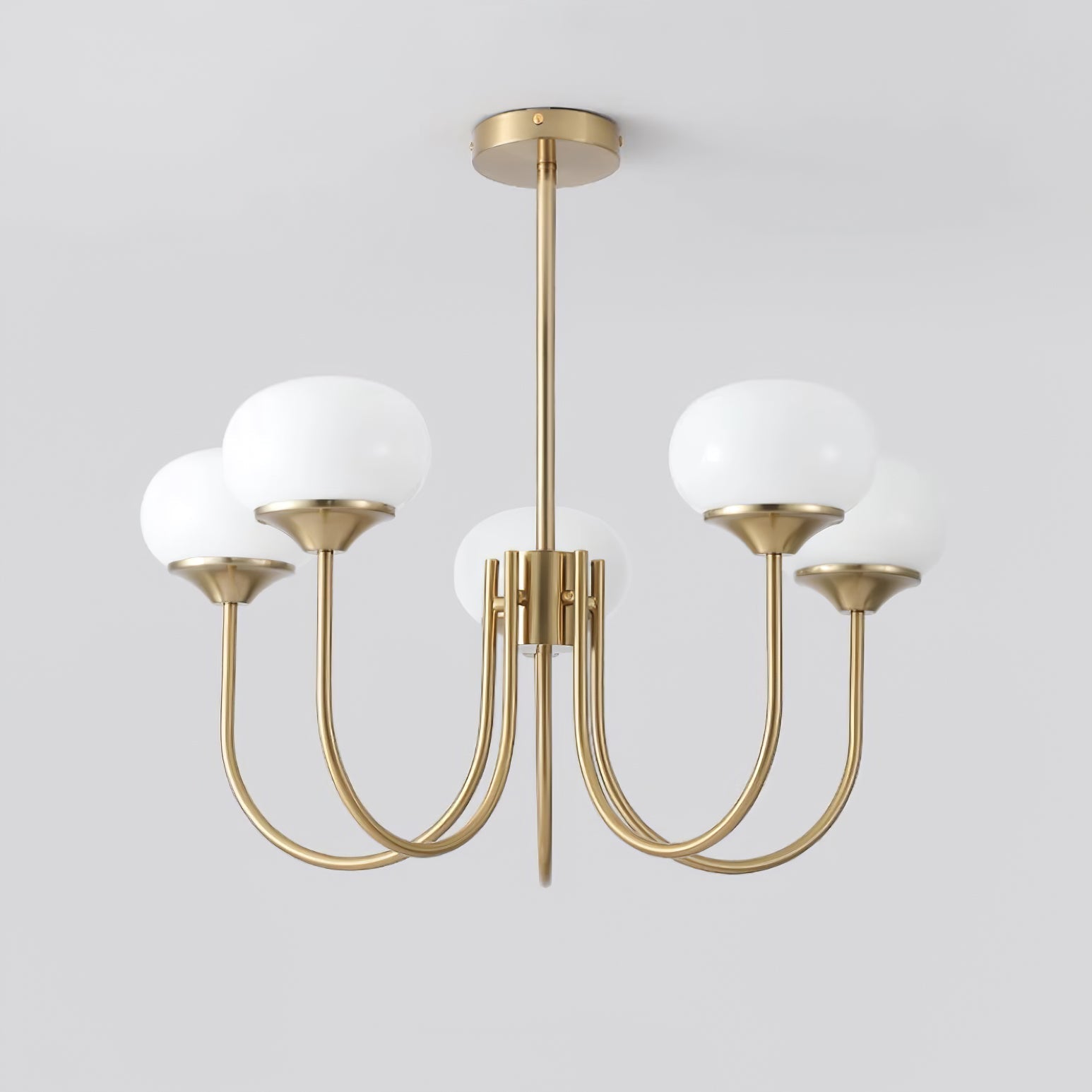Modern Marshmallow Chandelier with Pink Glass Shades and Gold Finish Lighting