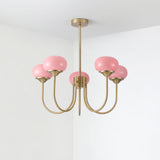 Modern Marshmallow Chandelier with Pink Glass Shades and Gold Finish Lighting