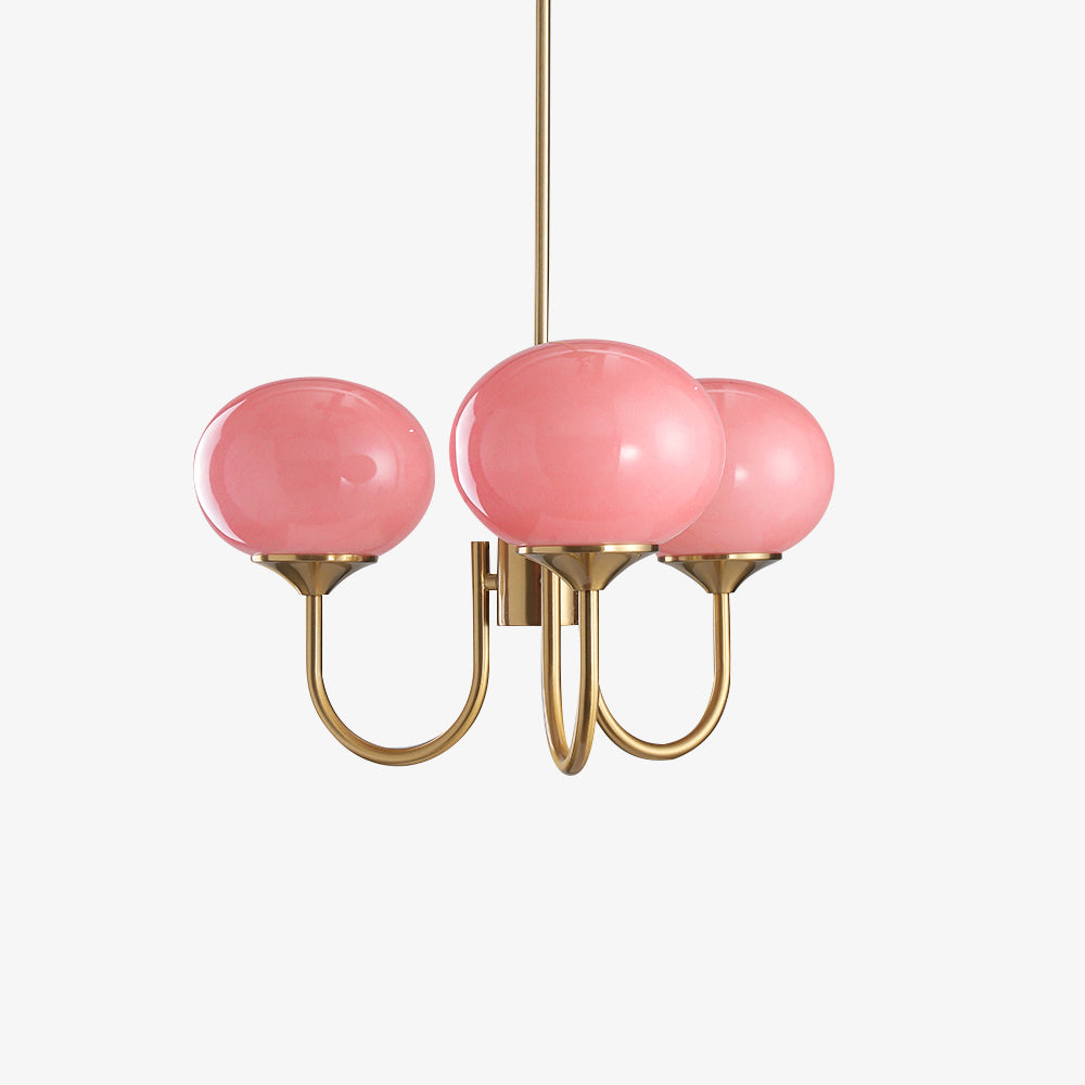 Modern Marshmallow Chandelier with Pink Glass Shades and Gold Finish Lighting