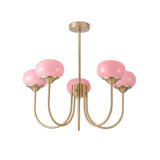 Modern Marshmallow Chandelier with Pink Glass Shades and Gold Finish Lighting