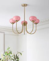 Modern Marshmallow Chandelier with Pink Glass Shades and Gold Finish Lighting
