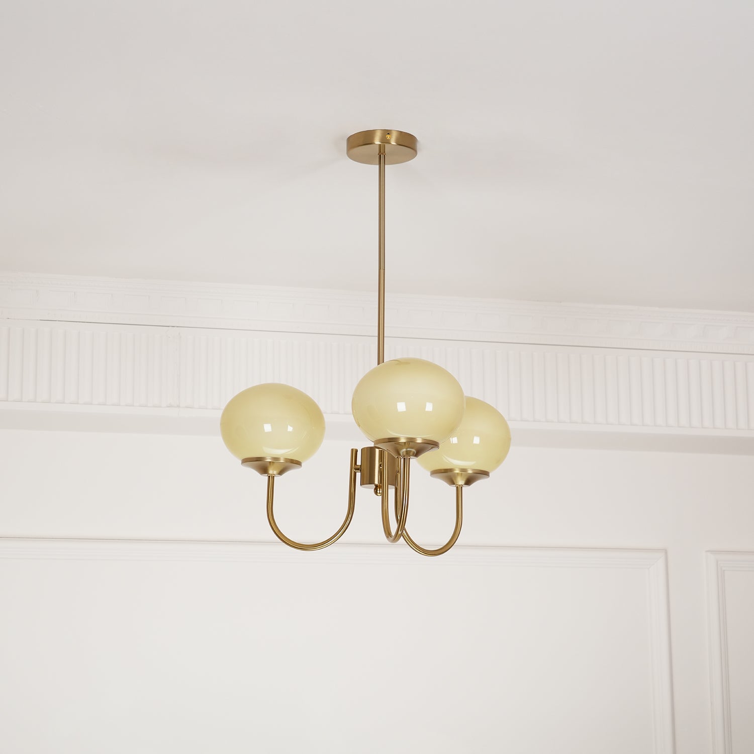 Modern Marshmallow Chandelier with Pink Glass Shades and Gold Finish Lighting