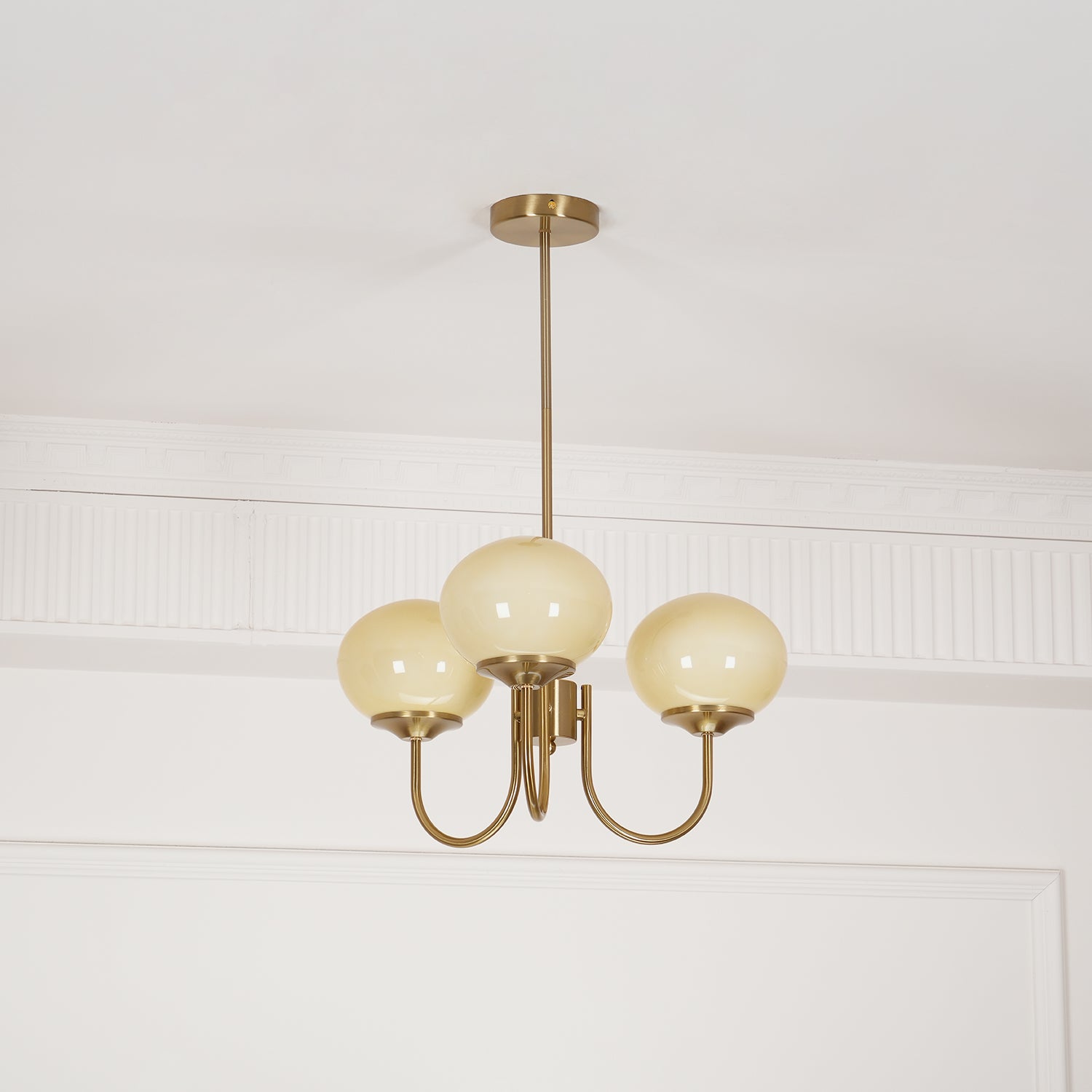 Modern Marshmallow Chandelier with Pink Glass Shades and Gold Finish Lighting
