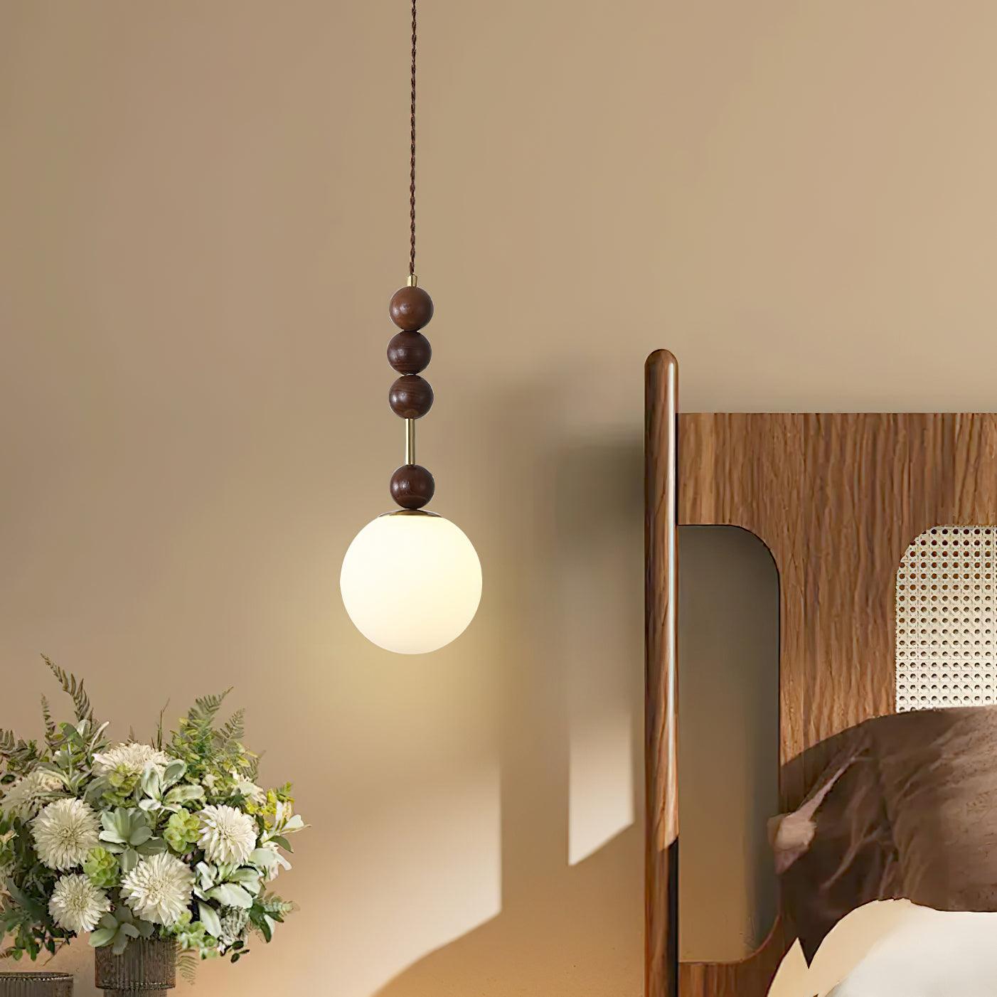 Modern Maru Ash Wood Beaded Pendant Light with White Glass Globe