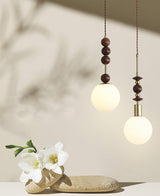 Modern Maru Ash Wood Beaded Pendant Light with White Glass Globe