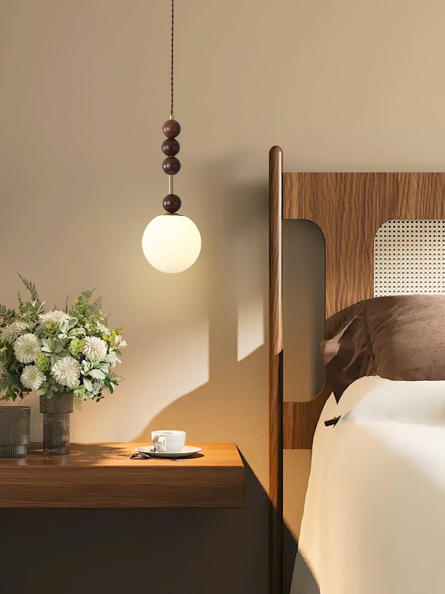 Modern Maru Ash Wood Beaded Pendant Light with White Glass Globe