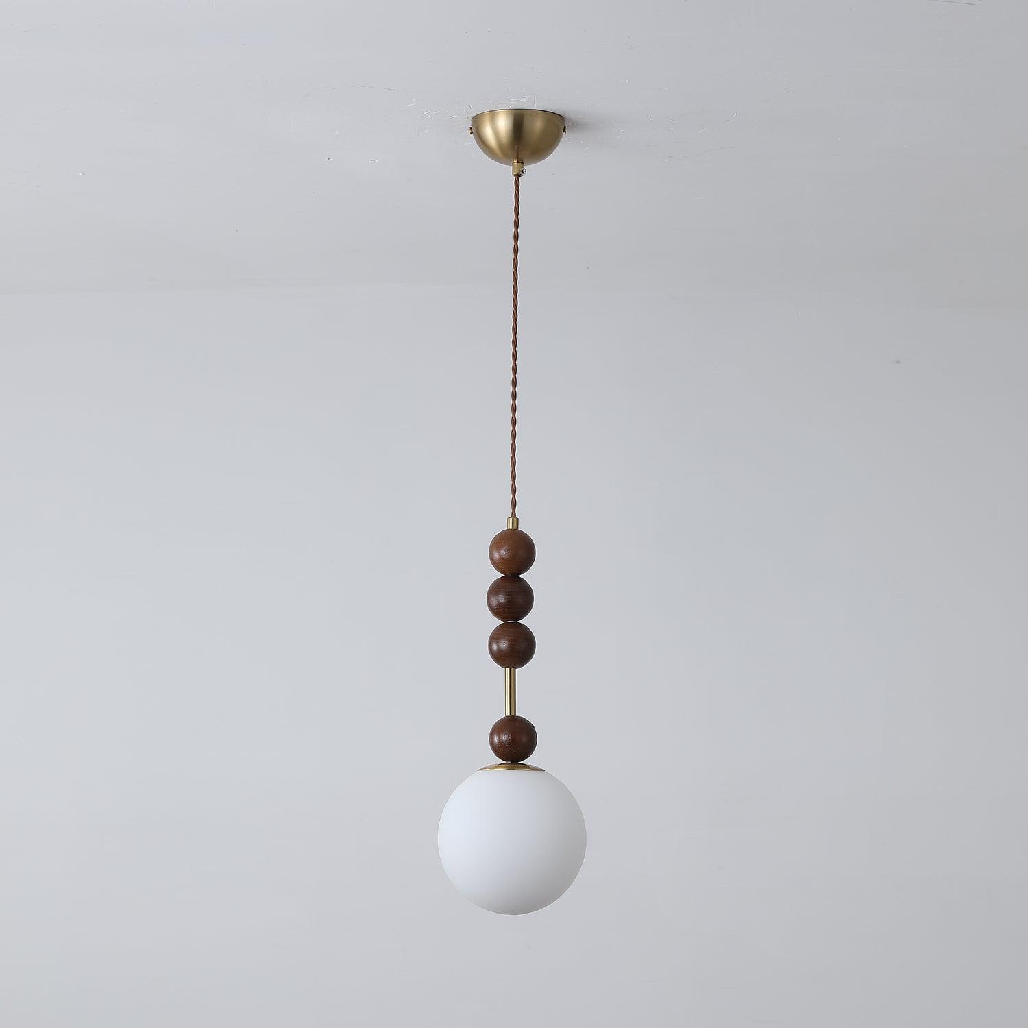 Modern Maru Ash Wood Beaded Pendant Light with White Glass Globe