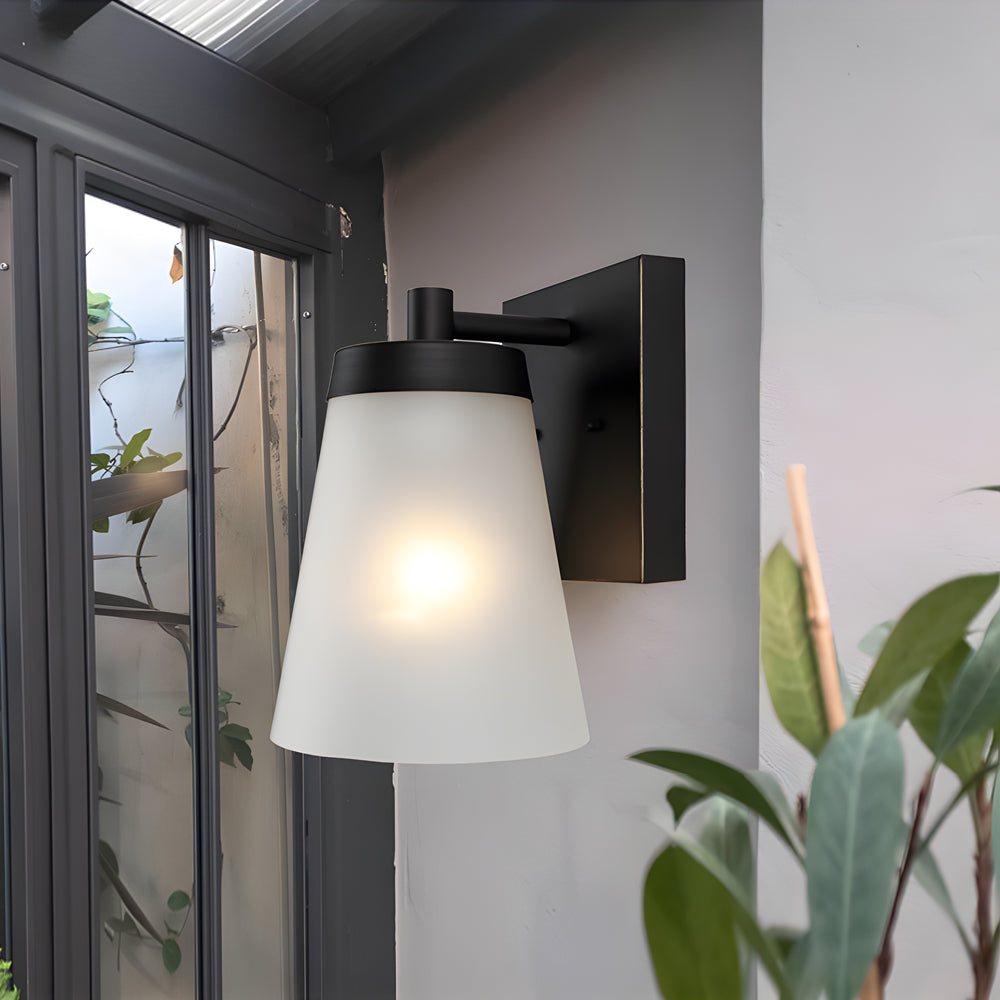 Modern Matte Black Outdoor Wall Light with Frosted Glass Shade and Dusk to Dawn Sensor