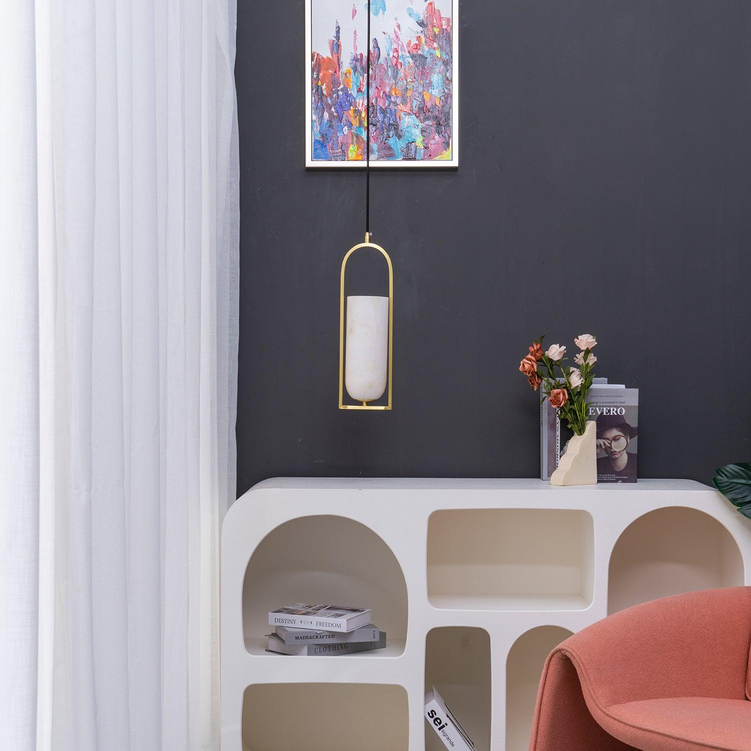 Modern Melange Small Alabaster Pendant Light with Brass Details