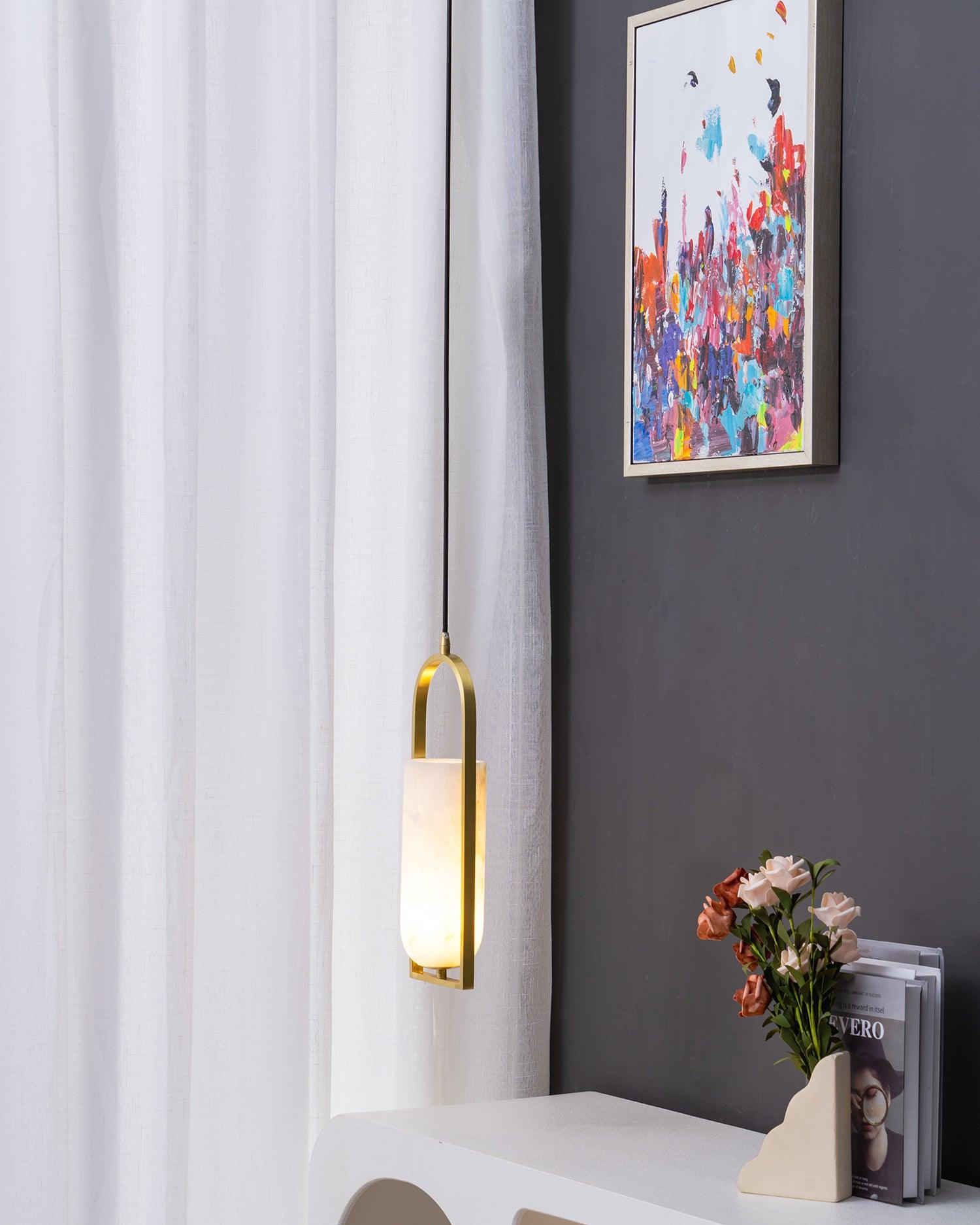 Modern Melange Small Alabaster Pendant Light with Brass Details