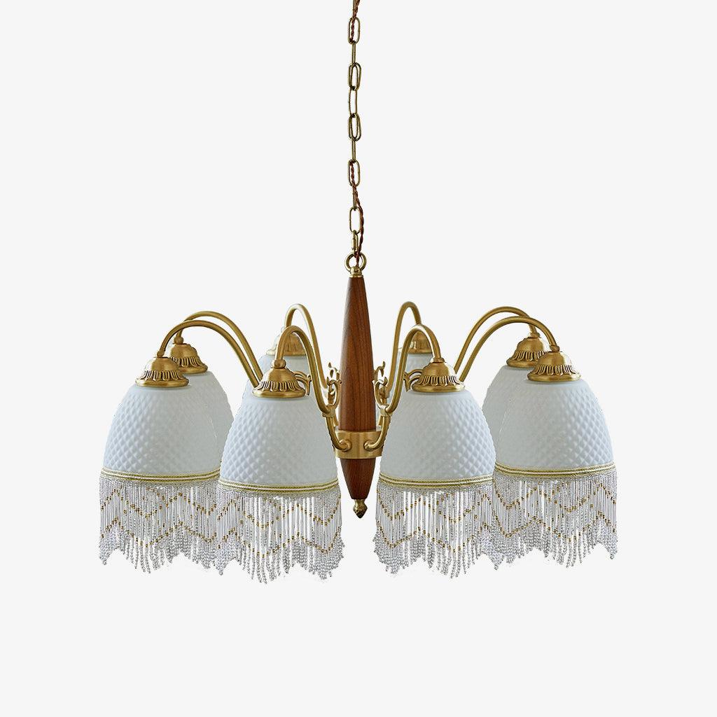 Modern Mesh Tassel Glass Gasolier Chandelier Brass and Wood Pendant Light