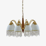 Modern Mesh Tassel Glass Gasolier Chandelier Brass and Wood Pendant Light