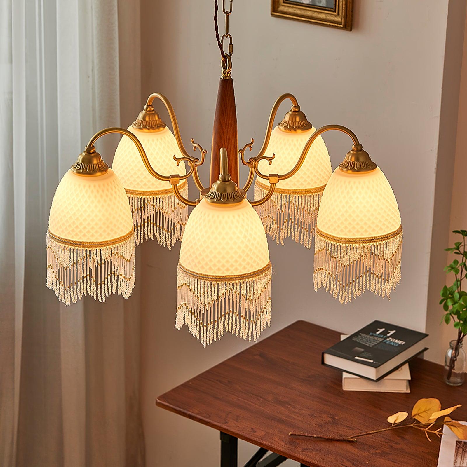 Modern Mesh Tassel Glass Gasolier Chandelier Brass and Wood Pendant Light