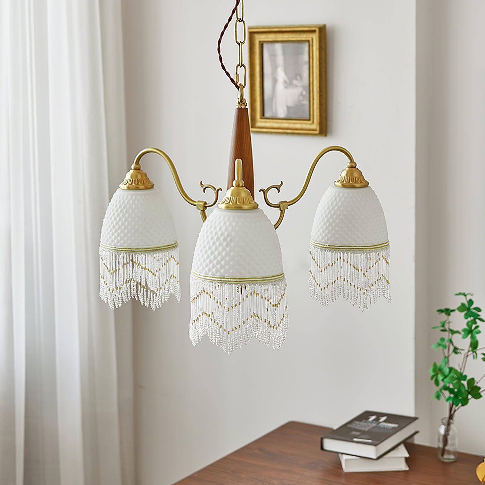 Modern Mesh Tassel Glass Gasolier Chandelier Brass and Wood Pendant Light