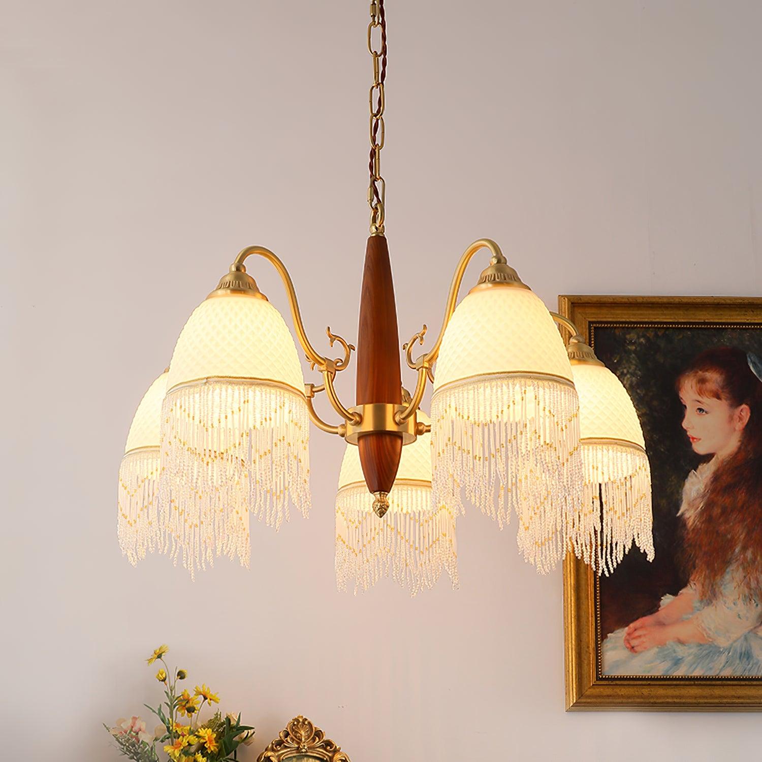 Modern Mesh Tassel Glass Gasolier Chandelier Brass and Wood Pendant Light