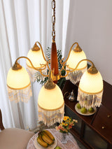 Modern Mesh Tassel Glass Gasolier Chandelier Brass and Wood Pendant Light