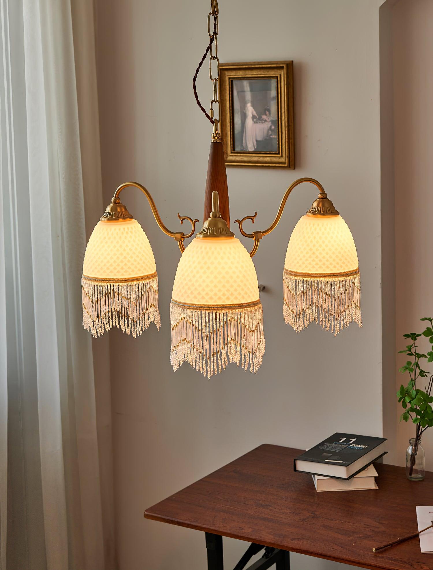 Modern Mesh Tassel Glass Gasolier Chandelier Brass and Wood Pendant Light