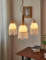 Modern Mesh Tassel Glass Gasolier Chandelier Brass and Wood Pendant Light