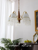 Modern Mesh Tassel Glass Gasolier Chandelier Brass and Wood Pendant Light