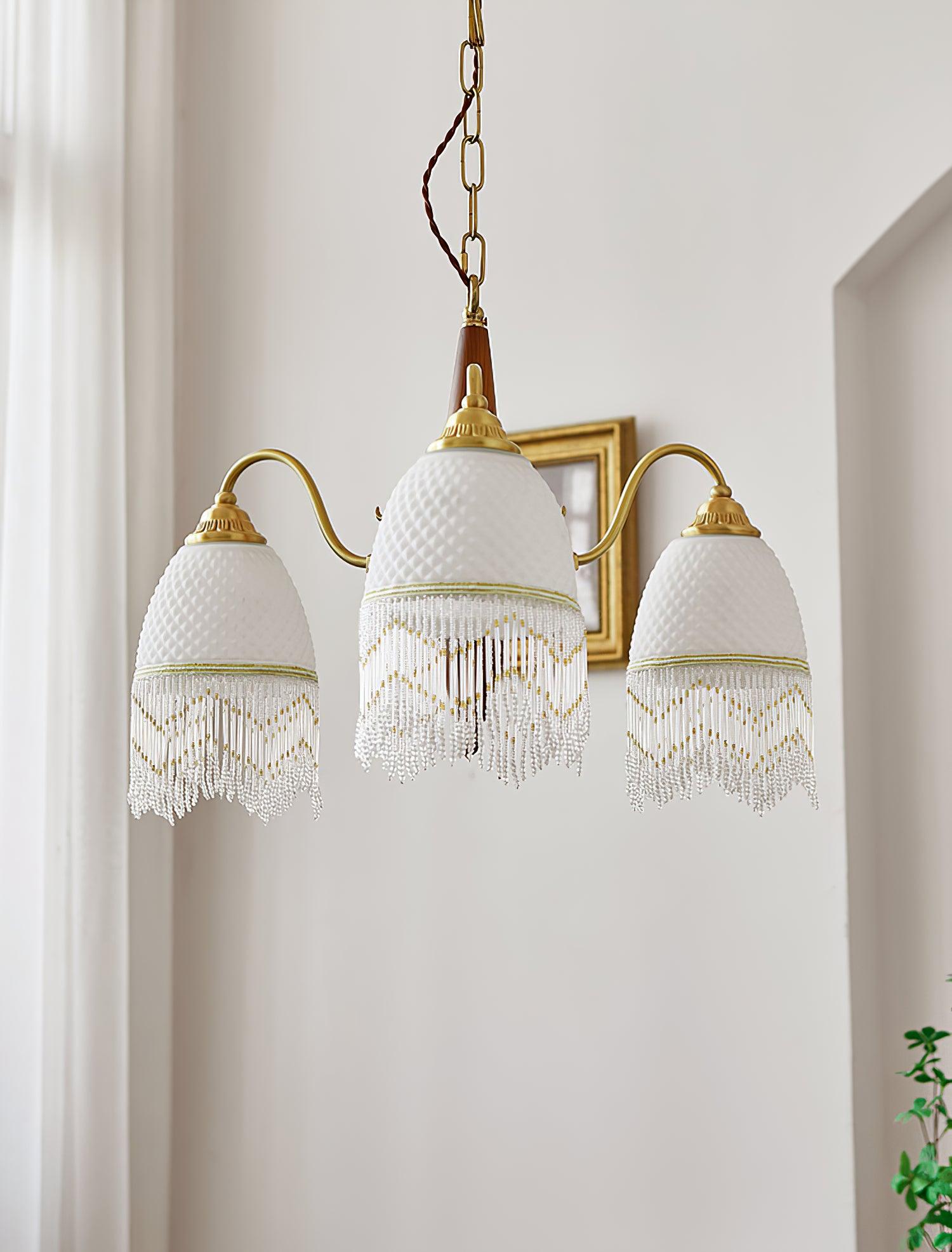 Modern Mesh Tassel Glass Gasolier Chandelier Brass and Wood Pendant Light