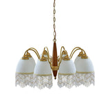 Modern Mesh Tassel Glass Gasolier Chandelier Brass and Wood Pendant Light