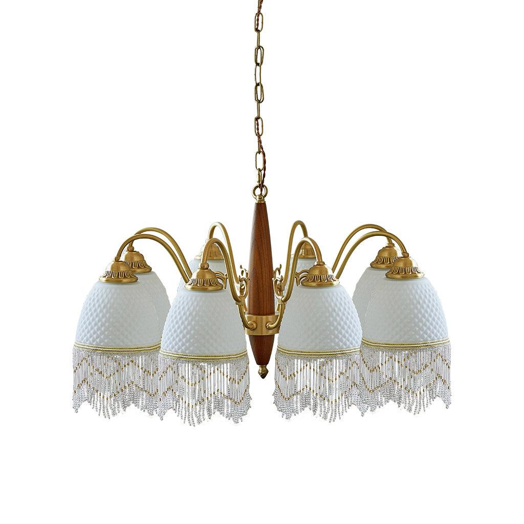 Modern Mesh Tassel Glass Gasolier Chandelier Brass and Wood Pendant Light