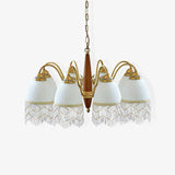 Modern Mesh Tassel Glass Gasolier Chandelier Brass and Wood Pendant Light