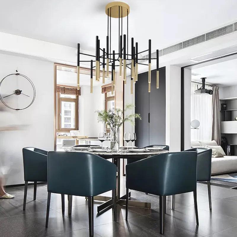 Modern Metal Tubular Chandelier with Multi Directional LED Lighting in Black and Gold