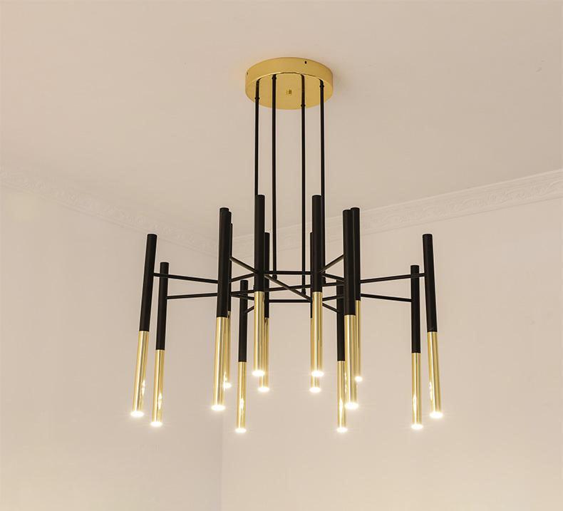 Modern Metal Tubular Chandelier with Multi Directional LED Lighting in Black and Gold