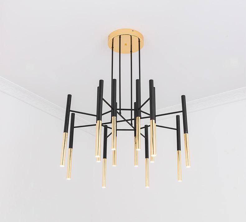 Modern Metal Tubular Chandelier with Multi Directional LED Lighting in Black and Gold