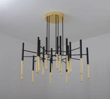 Modern Metal Tubular Chandelier with Multi Directional LED Lighting in Black and Gold