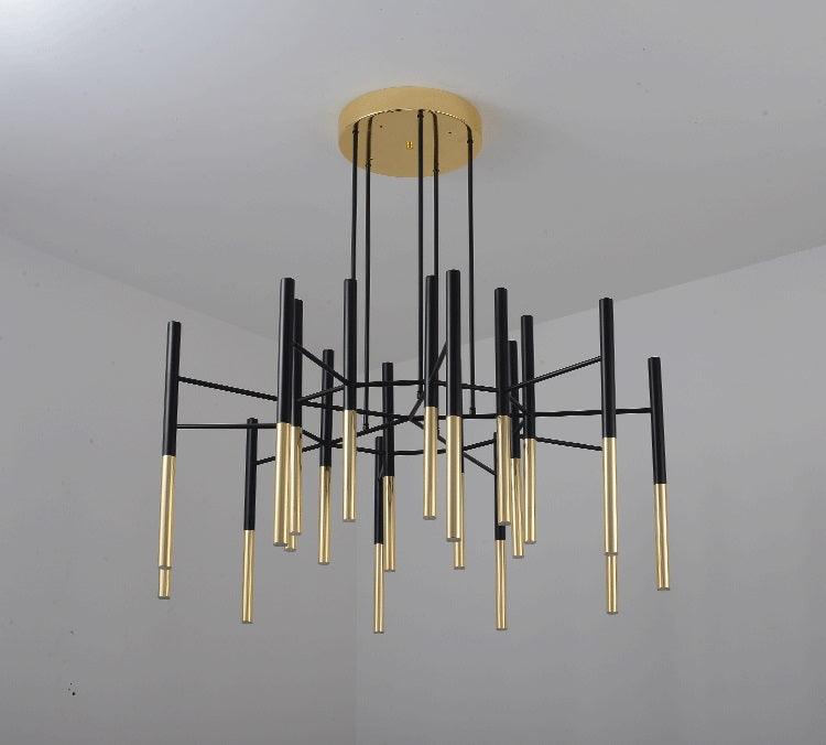 Modern Metal Tubular Chandelier with Multi Directional LED Lighting in Black and Gold