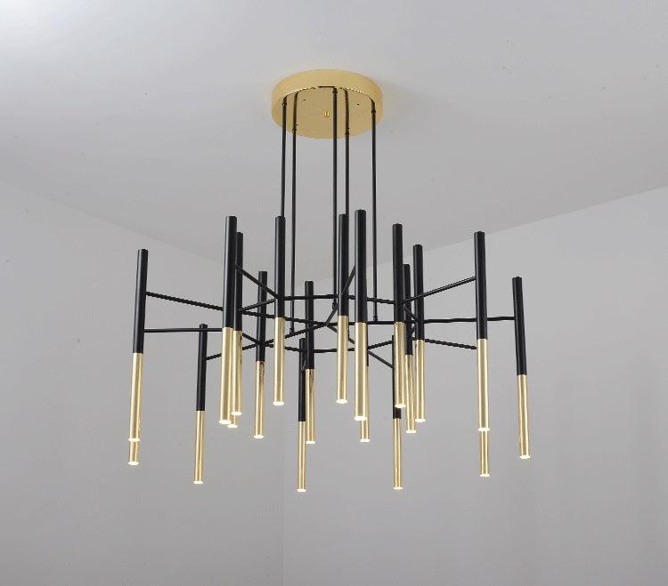 Modern Metal Tubular Chandelier with Multi Directional LED Lighting in Black and Gold