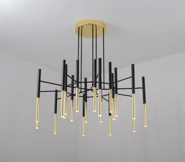Modern Metal Tubular Chandelier with Multi Directional LED Lighting in Black and Gold