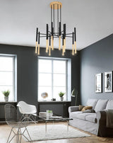 Modern Metal Tubular Chandelier with Multi Directional LED Lighting in Black and Gold