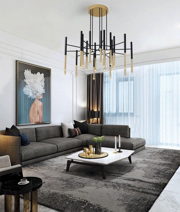 Modern Metal Tubular Chandelier with Multi Directional LED Lighting in Black and Gold