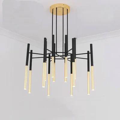 Modern Metal Tubular Chandelier with Multi Directional LED Lighting in Black and Gold