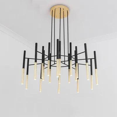 Modern Metal Tubular Chandelier with Multi Directional LED Lighting in Black and Gold