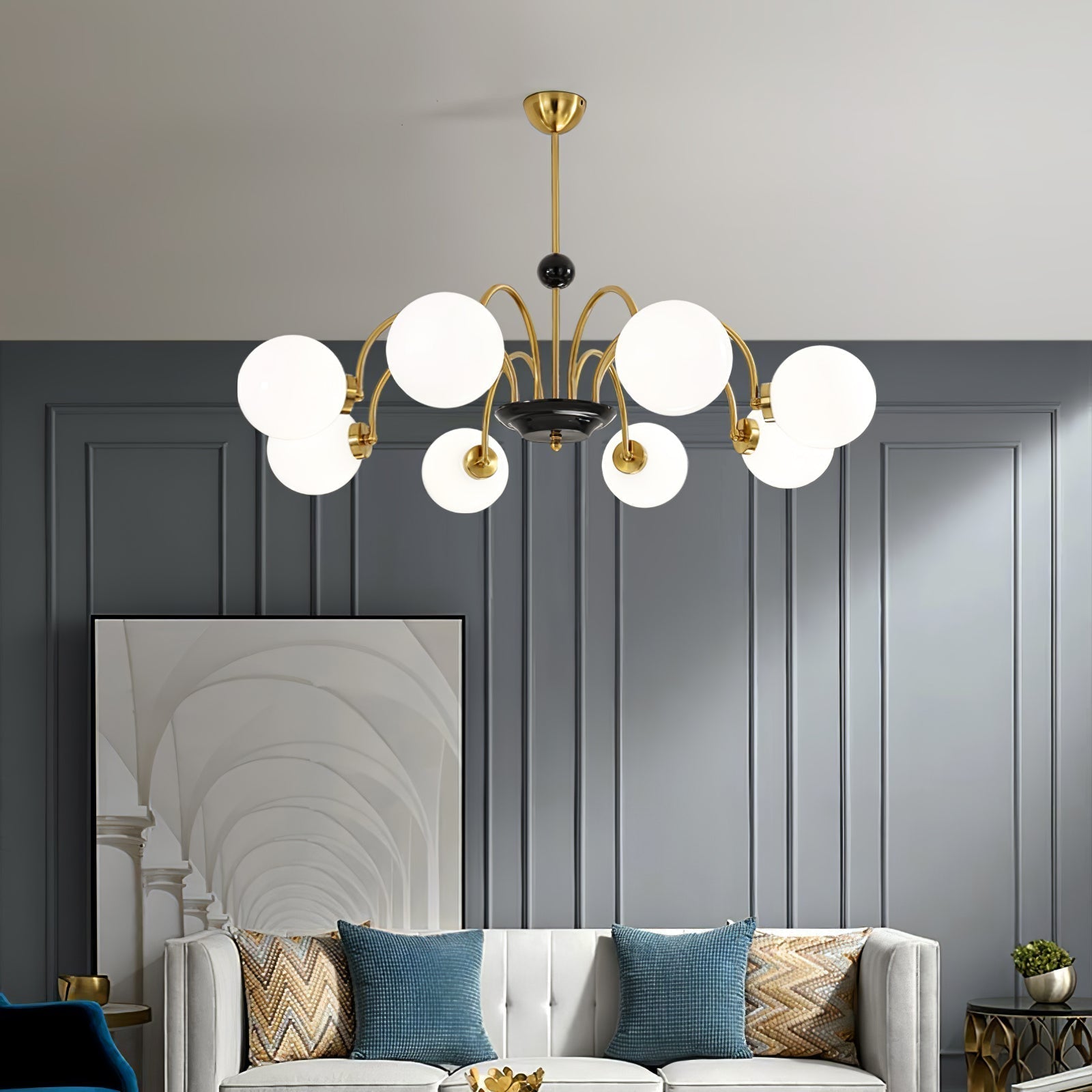 modern-mid-century-glass-globe-chandelier-with-metal-rod-frame-and-white-opal-shades