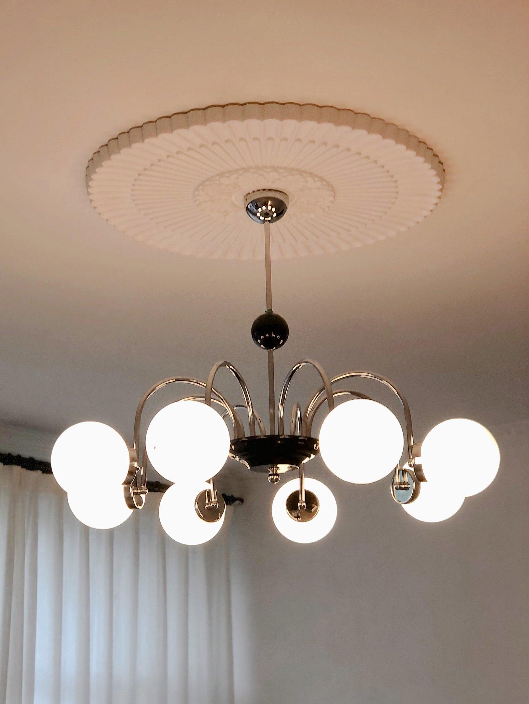 modern-mid-century-glass-globe-chandelier-with-metal-rod-frame-and-white-opal-shades